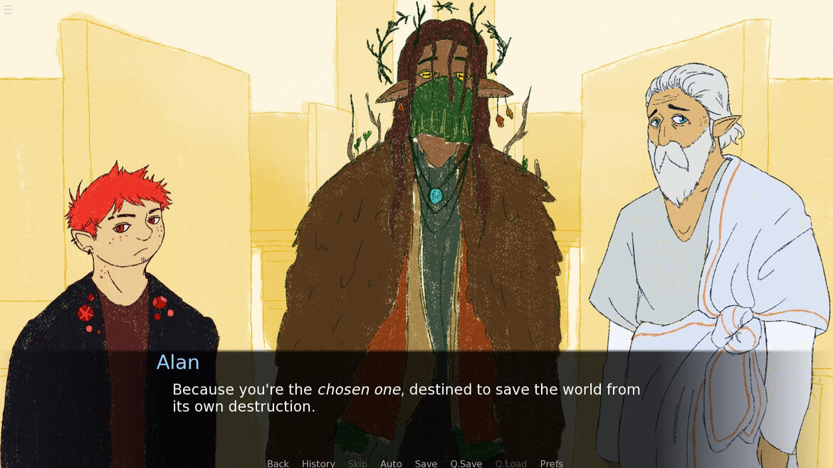 A screenshot from the game Project: new world. Three characters are present, on the left is a short man with red hair. A text box of his dialogue reads: 'Alan: Because you're the chosen one, destined to save the world from its own destruction.' Two other p